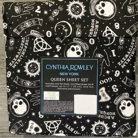 Cynthia Rowley Black Queen Sheet Set Stars Moon Skull Ouija Board Halloween NEW - Picture 2 of 2